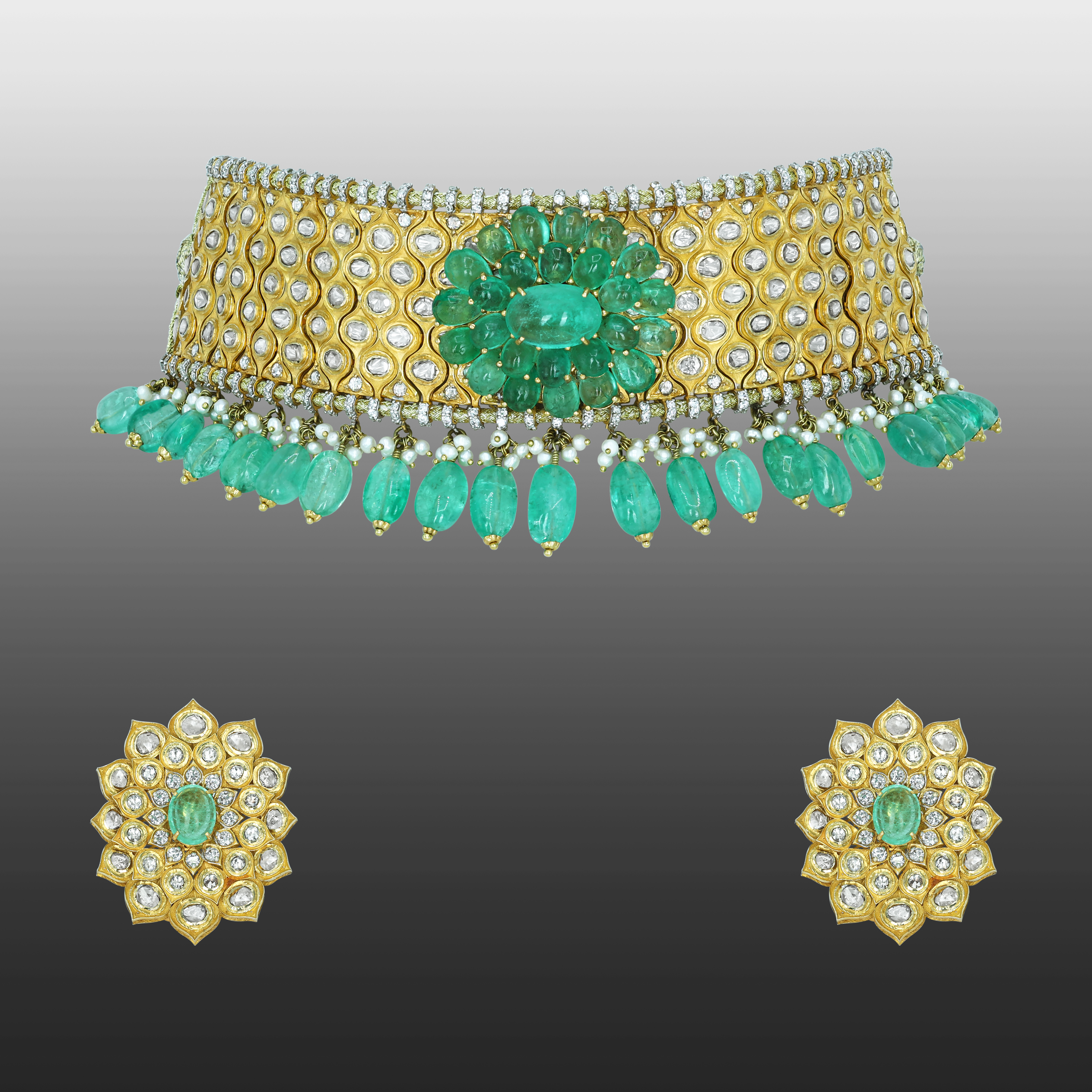 Polki Choker Set with Emerald Floral Motif and Drops